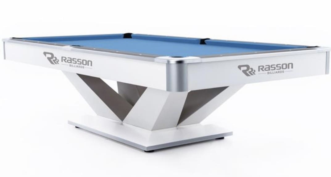 Blue Rasson Pool Table Featuring A Modern Silver And Black Design