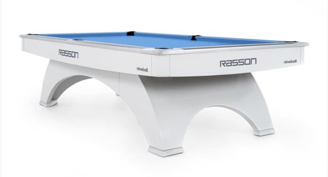 White Pool Table With Light Blue Felt And Curved Base From Rasson
